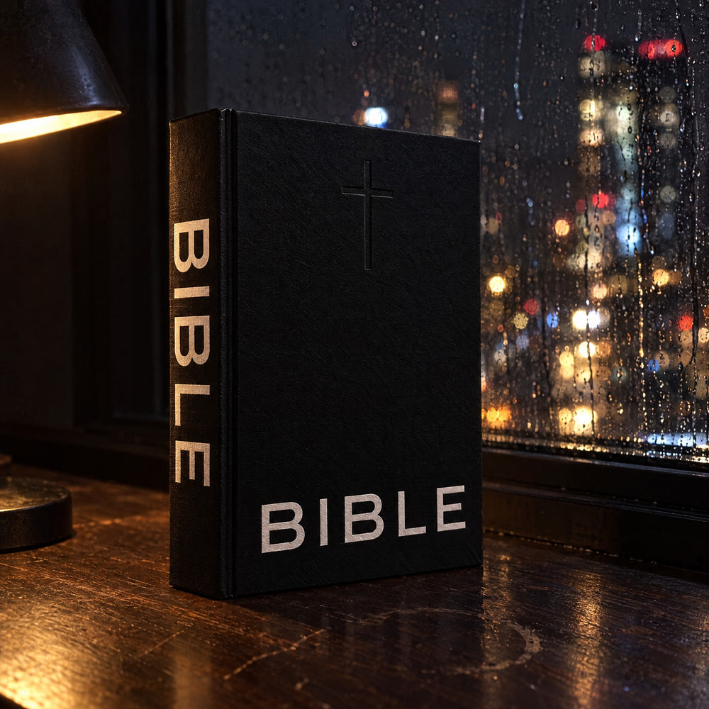 BIBLE on a desk by a rainy window